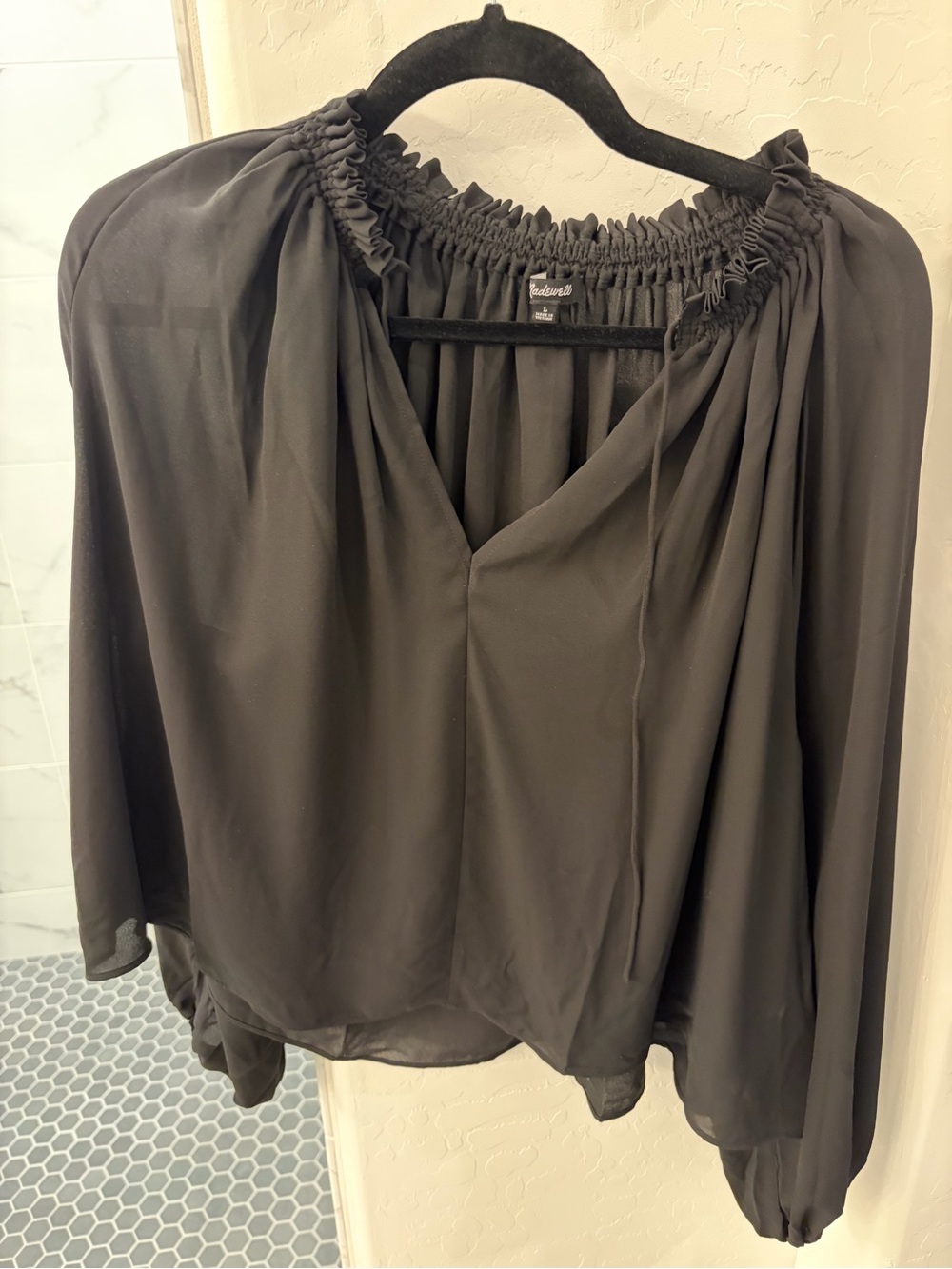 Madewell Black Sheer Peasant Blouse with Smocked Neckline